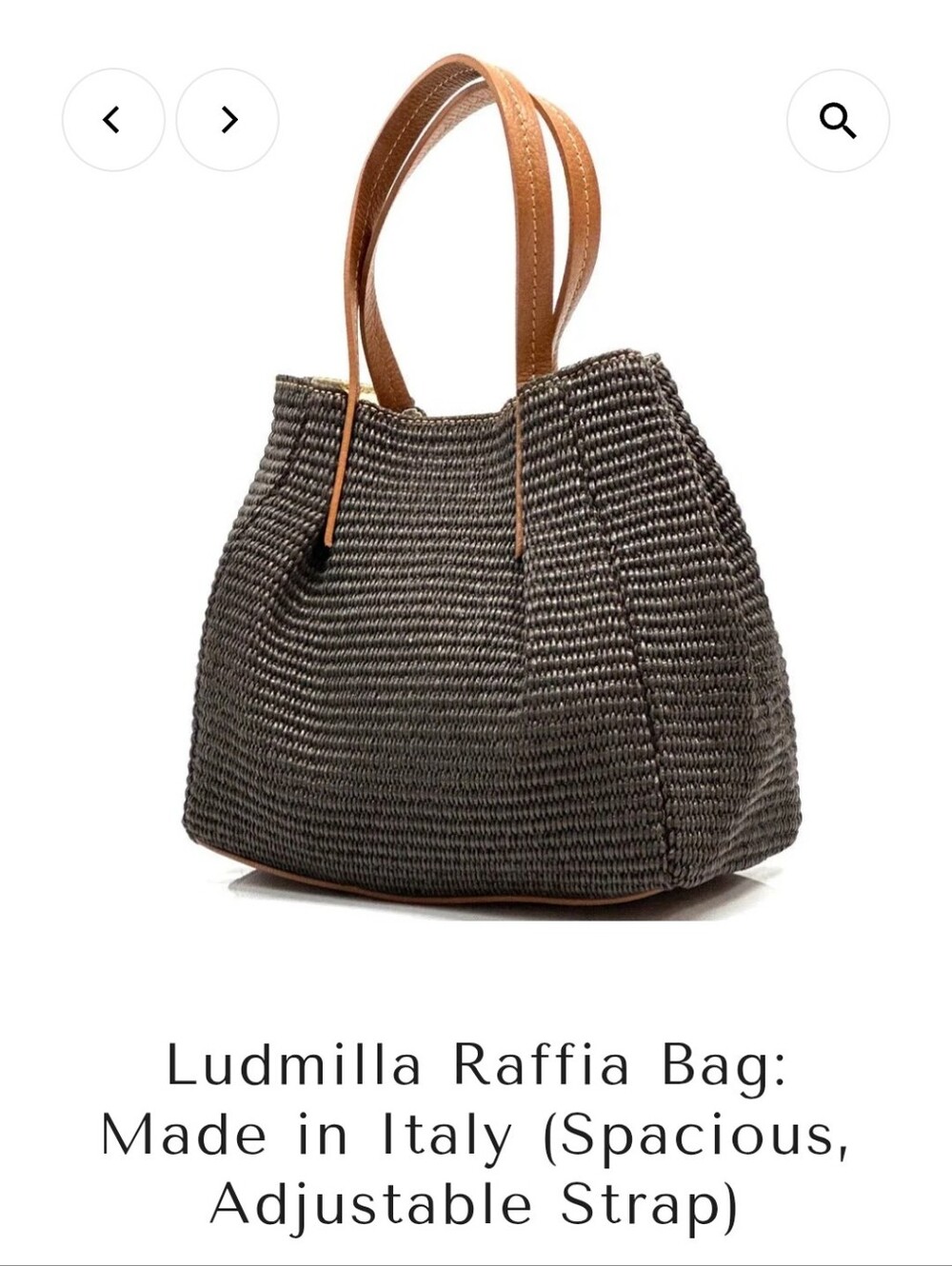 Ludmilla Raffia Tote Bag in Dark Gray with Tan Handles Made In Italy
